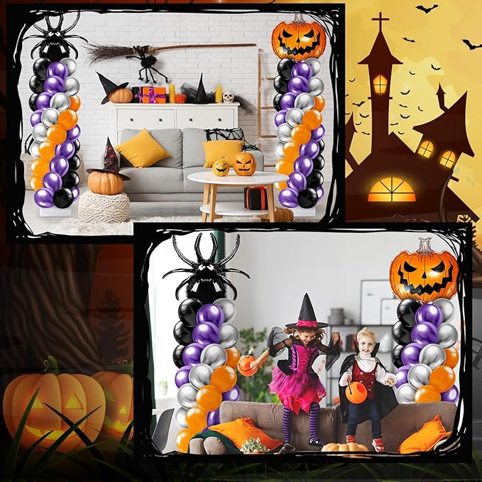 Kasyat 2 Sets Halloween Balloon Column Stand Kit with Scary Pumpkin Spider Foil Balloon Orange Purple Black Silver Arch Garland Kit for Spooky Birthday Party Halloween Theme Decoration