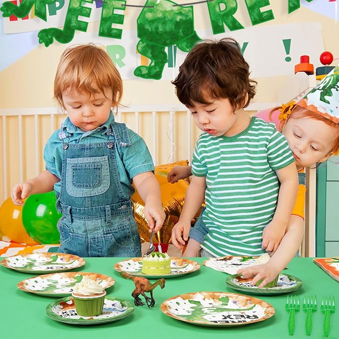 WERNNSAI Three Rex Birthday Decorations - 64PCS Dinosaur Plates Napkins and Forks Dinosaur 3rd Party Decorations 3 Rex Plates and Napkins for Kids Boys 3 year old Birthday Decor Serves 16 Guests