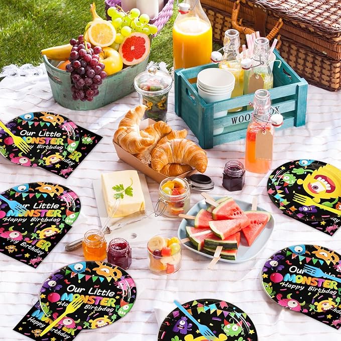 Monster Plates and Napkins Party Supplies Kit - 96 Pcs Tableware Set for Boy or Girl Birthday, Baby Shower - Serves 24