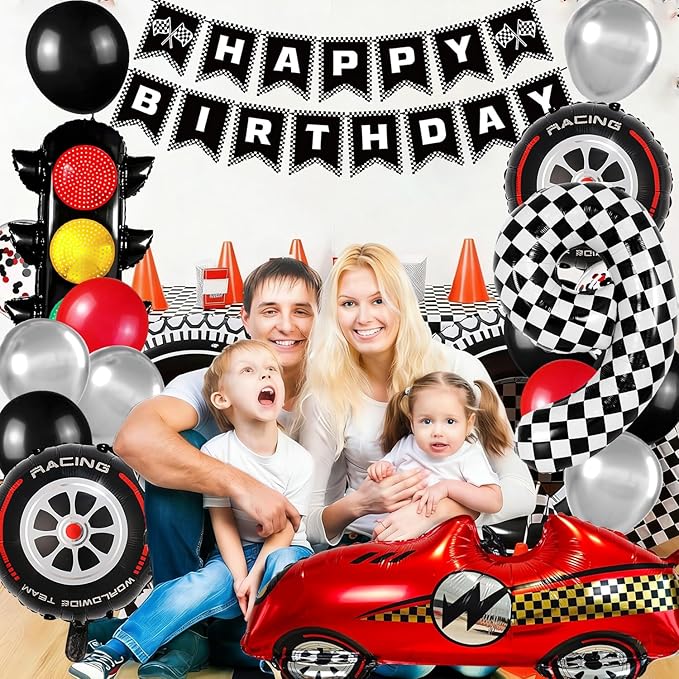 Race Car Birthday Party Decorations, with 40 Inch Number 9 Balloon, Happy Birthday Banner, Traffic Light and Foil Tire Balloon for 9th Car Themed Birthday Party Supplies