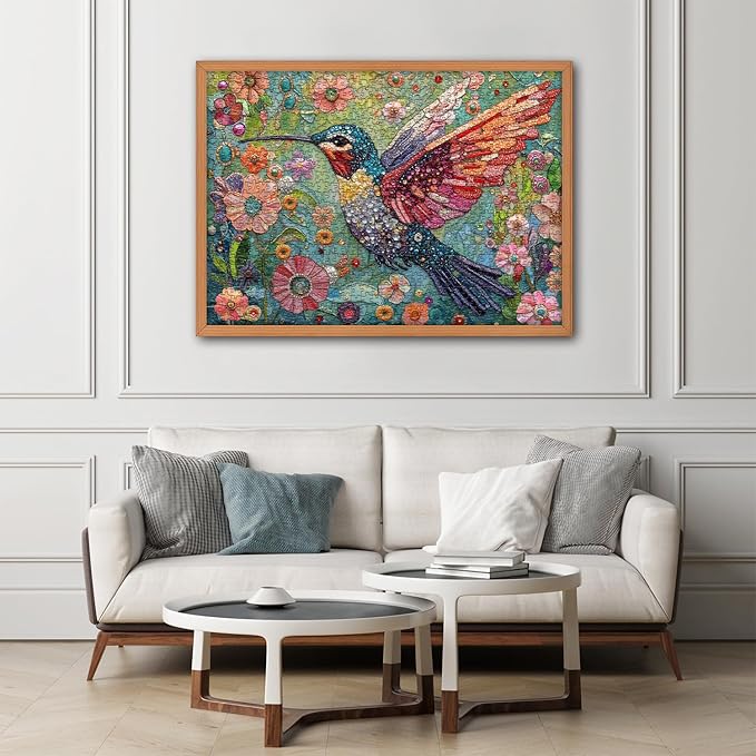 Hummingbird Puzzles for Adults 1000 Pieces, Nature Birds Flower Jewel Art Puzzle, Difficult Crystal Diamond Beautiful Garden Animals Jigsaw Puzzles, Colorful Floral Hard Challenging Puzzles for Adults