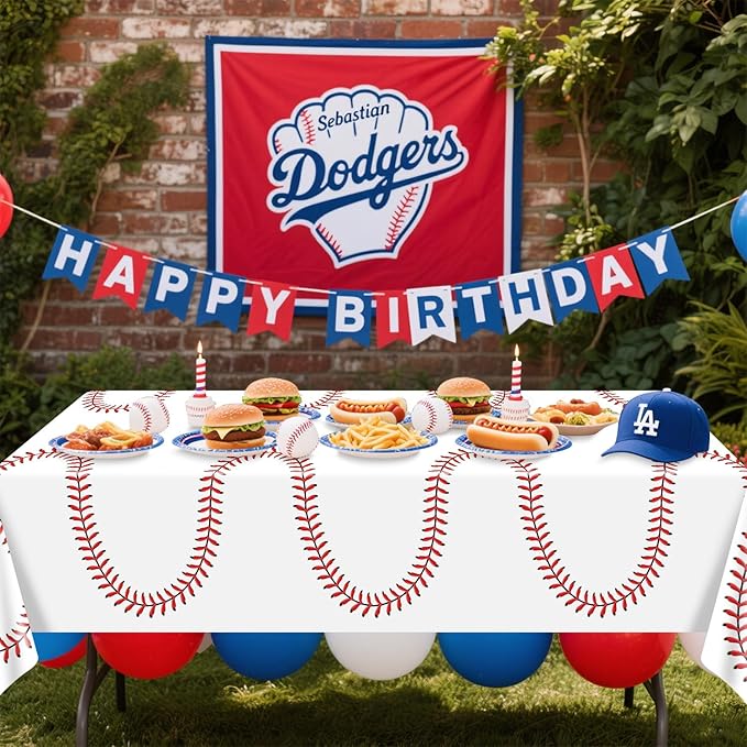 Baseball Tablecloth - White Baseball Tablecloth Plastic Disposable Decorations for Game Day Sports Theme Party Supplies, 4 Pack, 51'' x 86''