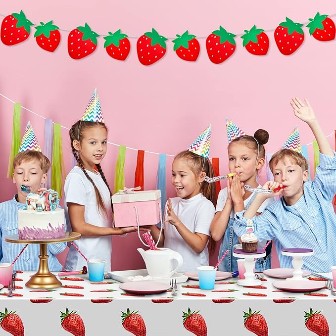 Flutesan 4 Packs Strawberry Party Decorations Strawberry Tablecloth and Banner Set 2 Table Covers, 86 x 51 Inch, 2 Hanging Banners for Birthday Summer Fruit Theme Baby Shower Party Supplies