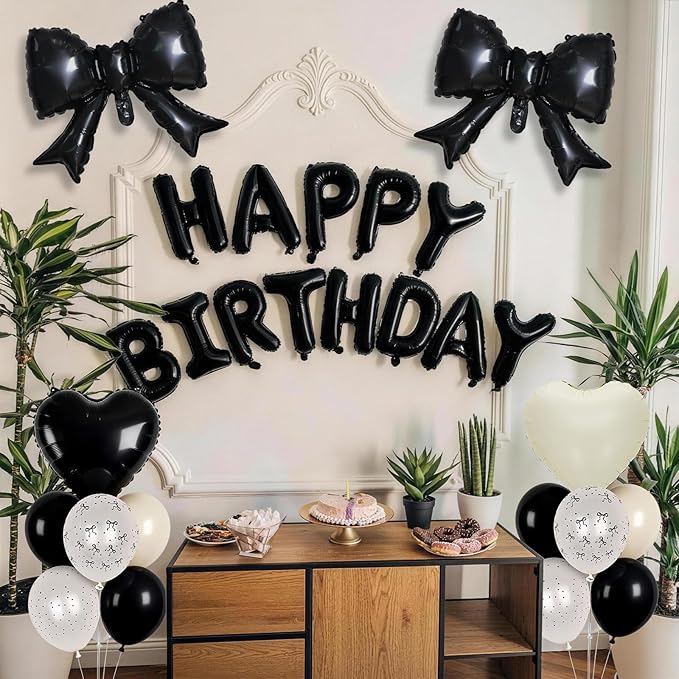 Black White Bow Birthday Decorations Black Sand White Cream Pearl Polka Dot Bows Print Balloon Happy Birthday Banner 38 In Coquette Foil Balloons Heart Balloon for Women Men Bday Party Supplies