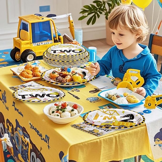 96 Pcs Construction 2nd Birthday Party Supplies Construction Truck Plates and Napkins Tableware 350GSM Excavator Birthday Decorations Favors for Boys Tractor Dump Two Years Old, Serves 24