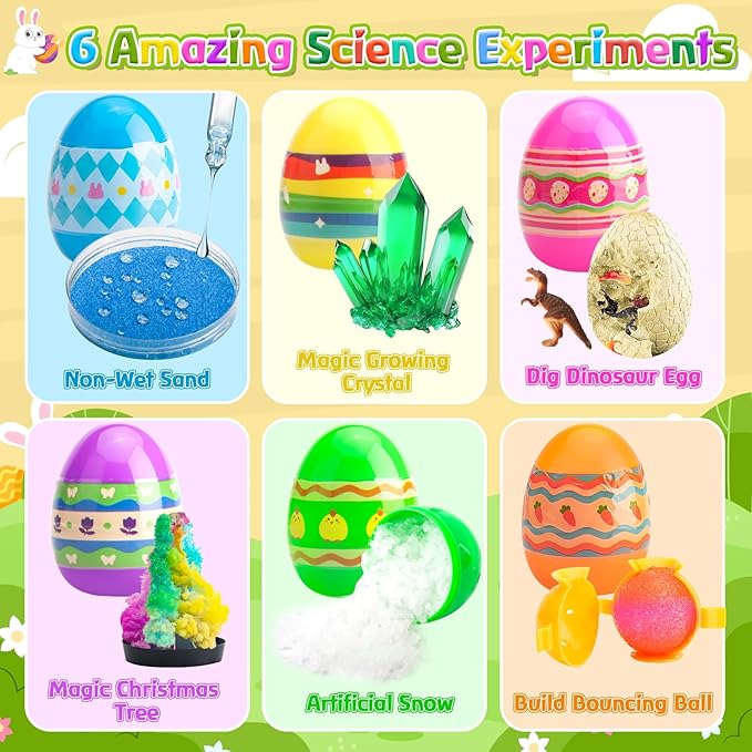 Prefilled Easter Science Eggs–6 Pack Filled Easter Egg with STEM Activity Experiment Kit for Kids, Perfect for Easter Hunt, Basket Stuffer, Party Favor, Educational Toys for Boys & Girls