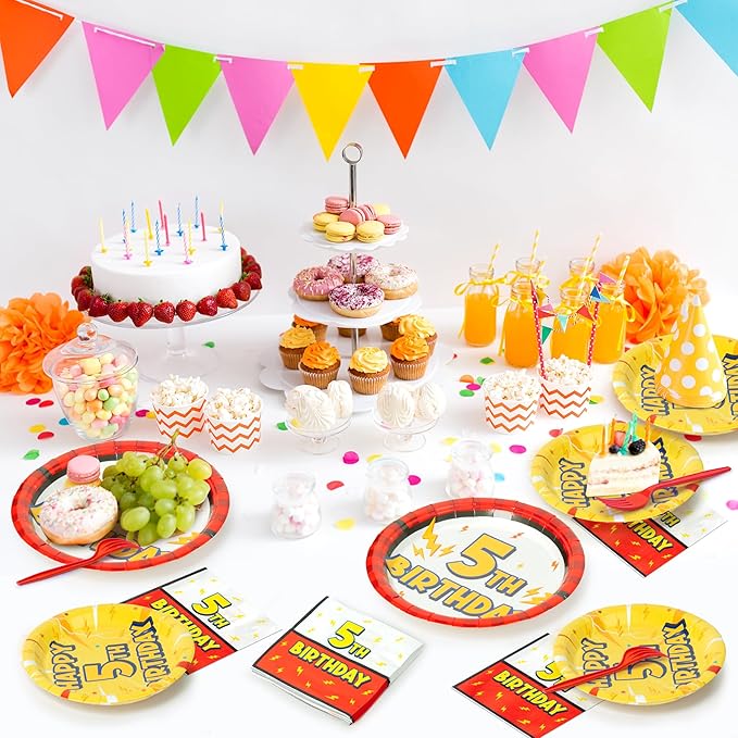 5th Birthday Party Supplies - 96pcs Paper Plates Napkins Plastic Forks Kids Girls Boys Little Birthday Party Table Decorations Lighting Themed Disposable Cake Tableware Set for 24 Guests