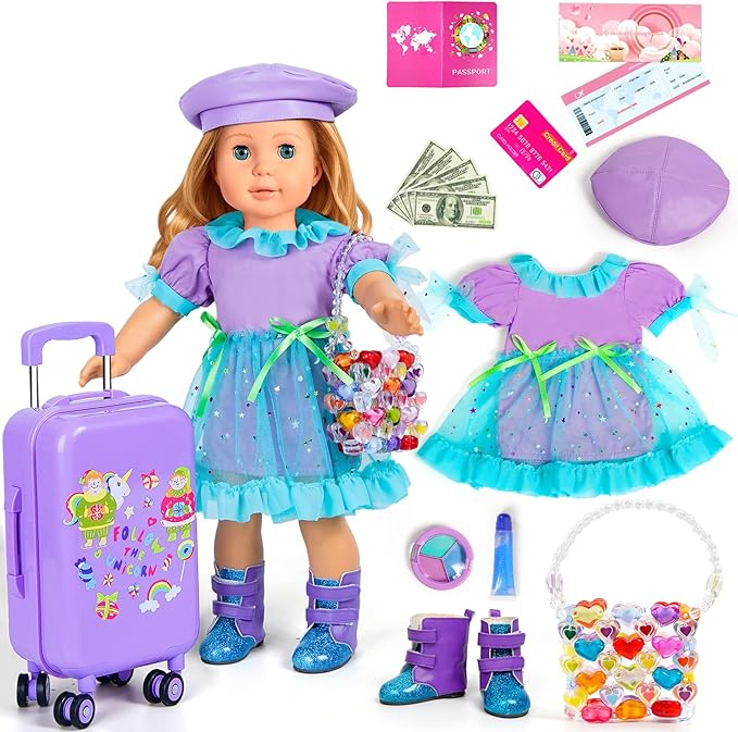 18-inch-Doll-Clothes and Accessories -Travel-Suitcase Luggage, Clothes and Shoes, Handbag, Berets,Passport, Notebook, Travel Gear Play Sets(No Doll)