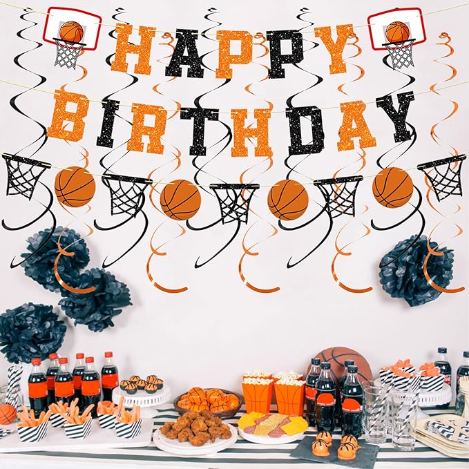 Pre-Strung Basketball Birthday Party Decorations, NO DIY Glitter Happy Birthday Banner, Paper Garland, Black and Orange Hanging Swirls, Basketball Theme Party Supplies