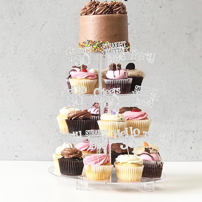 Ephlyn 24Pcs Happy 30th Birthday Cupcake Toppers Glitter Thirty Cupcake Picks Hello 30 Cheers to 30 Years Cake Decorations for 30th Birthday Anniversary Party Decorations Supplies Silver