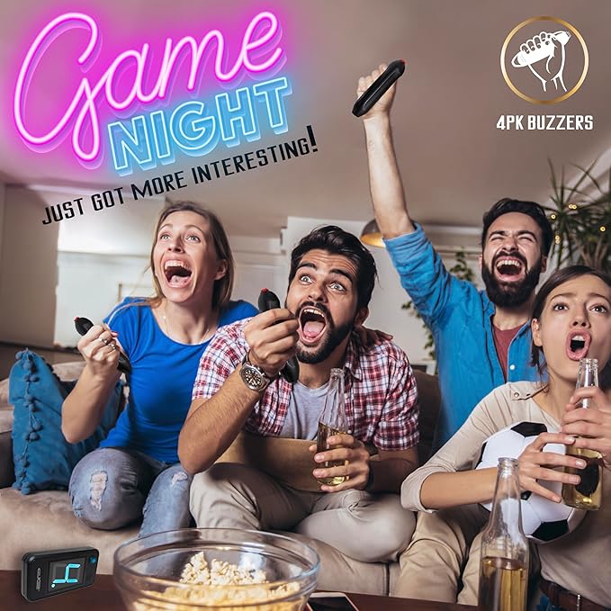 Digital Energy Wireless Handheld Game Buzzer System - Console Displays First Buzz-in - Great for Jeopardy, Family Feud, Trivia and Buzzer Games - 4 Joystick Buzzers