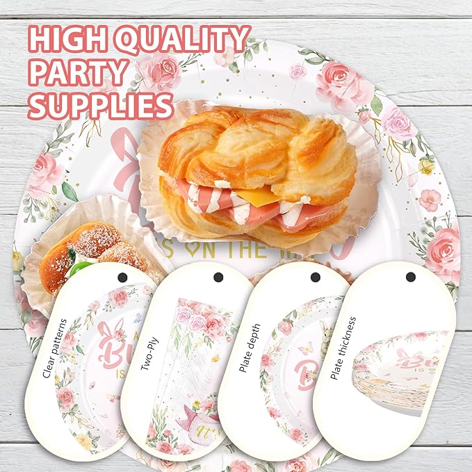 96 Pcs Easter Bunny Baby Shower Party Supplies A Little Bunny is on The Way Plates and Napkins Disposable Pink Floral Rabbit Tableware Set for Girls Baby Shower Party Decorations Serves 24