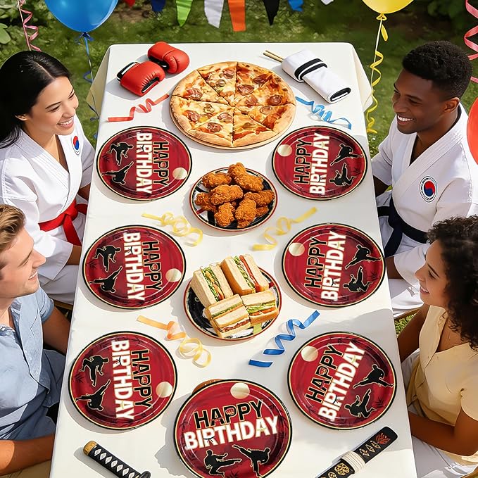 96 Pcs Karate Birthday Party Decorations Taekwondo Martial Arts Plates and Napkins Disposable Karate Themed Tableware Set for Kids Boys Ninja Sports Birthday Party Supplies Serves 24