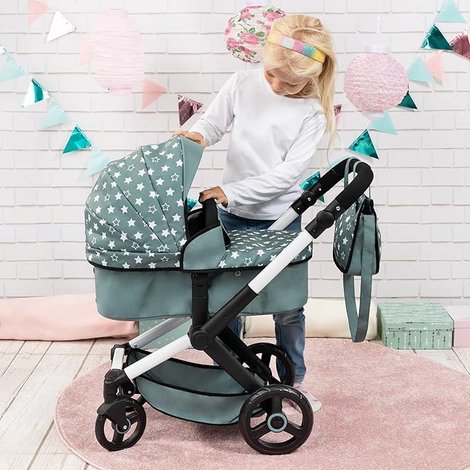 Bayer: Pram Xeo: Stars Green & White - Matching Handbag, Adjustable Handle, Dolls Up to 20", Ages 3+ | Baby Dolls | Dress Up