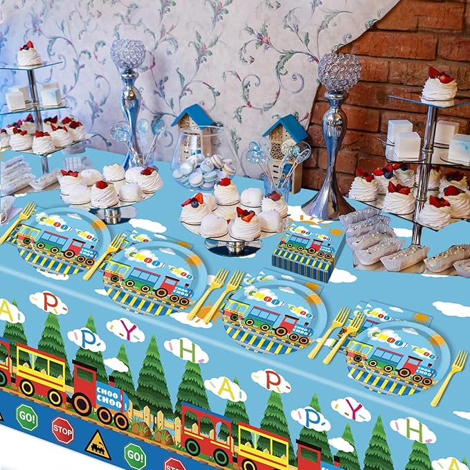 61 Pcs Train Birthday Decorations Chugga Choo Party Tableware Set Cartoon Car Plates Napkins and Tablecloth Transportation Themed Supplies for Birthday Parties Family Gathering Dinner Serve 20 Guests
