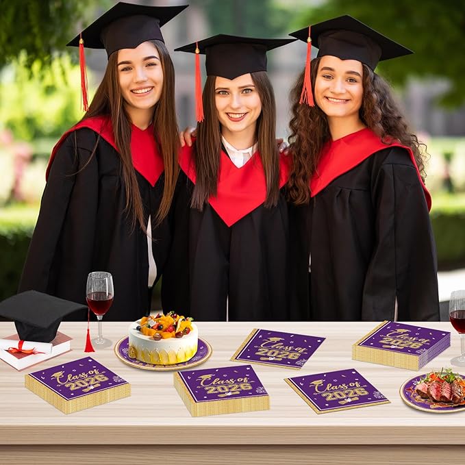 50 Pcs Graduation Napkins Class of 2026 - Purple Gold Congrats Grad Napkins Set, 3-Ply Disposable Graduation Luncheon Dinner Party Paper Napkins for Grad Party Supplies Table Decoration