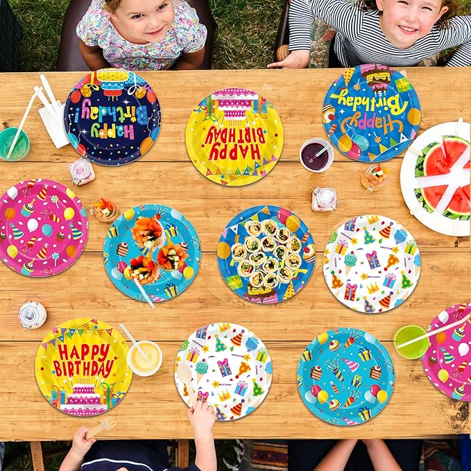 60Pcs Happy Birthday Plates Party Supplies 7” Colorful Birthday Plates Colorful Happy Birthday Tableware Party Decorations for Kids Boys Girls Birthday Cake Dinnerware Party Favors for 60 Guest