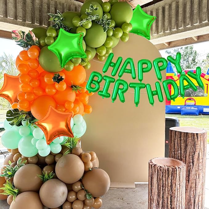29PC Green Orange Happy Birthday Balloons Banner, 16Inch 3D Aluminum Letter Banner Sign, Green Orange Balloon 18 Inch Star Foil Balloon for Women, Men Party Supply