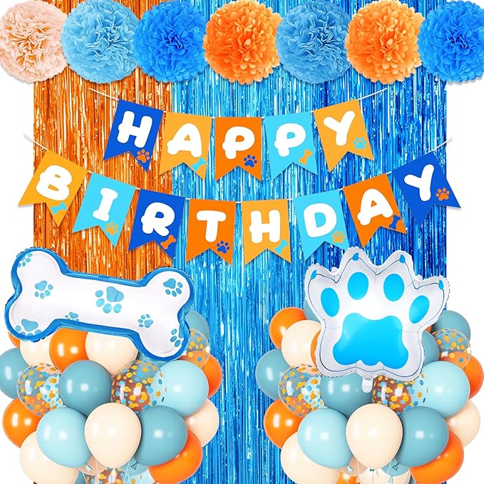 Ouddy Life Blue and Orange Party Decorations, Dusty Pastel Blue Boy Birthday Supplies Confetti Balloons Banner Dog Paw Bone Foil Paper Pompoms Fringe Curtain for Girls Kids Baby Shower Boho Decor