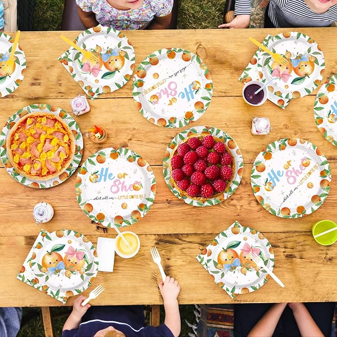 96 Pcs Little Cutie Gender Reveal Party Decorations Orange Theme Plates and Napkins Cute Orange Tableware Set for He or She Gender reveal Baby Shower Party Supplies, Serves 24