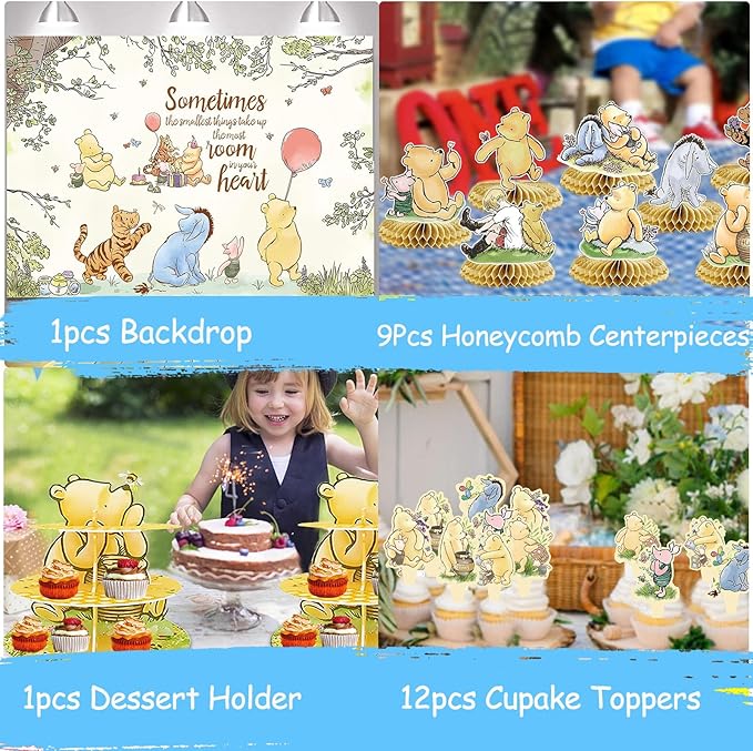 Classic Winnie Baby Shower Decorations Kit, All-in-1 Vintage Winnie Party Supplies Decorations, Classic The Pooh Backdrop Cake Topper, Winnie Baby Tablecloth Honeycomb Decorations for Baby Shower