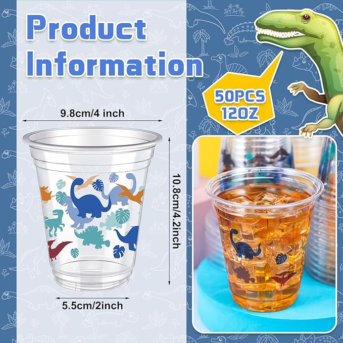 50 Pcs Dinosaur Cups 12 oz Disposable Plastic Cups Dino Tumbler for Dinosaur Birthday Party Supplies Decorations, Multi Color