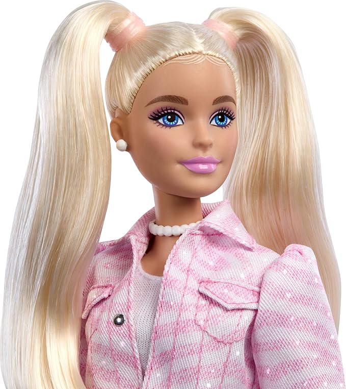 Barbie Deluxe Style Doll #9 in Pink Denim Outfit, Blonde Hair, Matching Jacket and Skirt Set with Accessories Like Bow Clutch and Pearly Jewelry
