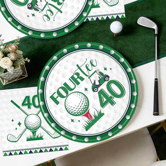 Rakuto Golf 40th Birthday Decorations - 50 Pcs Fourtee Golf Themed Party Plates and Napkins Decorations, Disposable Tableware Set Supplies Serves 25 Guests for Men Women Sports Birthday Party