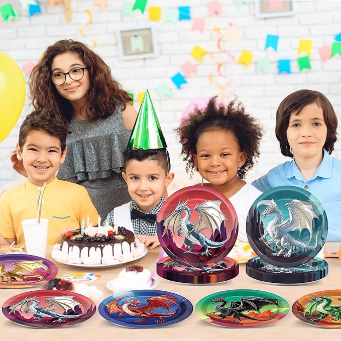 60pcs Dragon Birthday Party Paper Plates for Dragons Knight Party Decorations 7in Fantasy Dinosaur Disposable Dessert Plates for Baby Shower Boys Birthday Dragon Themed Parties Supplies