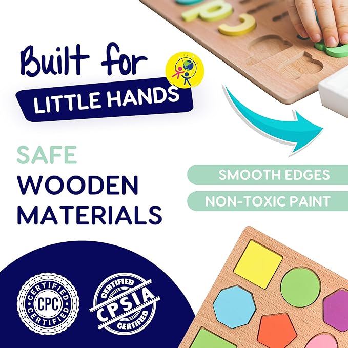 8-in-1 Montessori Wooden Activity Toy for 3 Year Old Boys & Girls – Alphabet, Numbers, Shape Sorting & Xylophone – Preschool Educational Learning Set