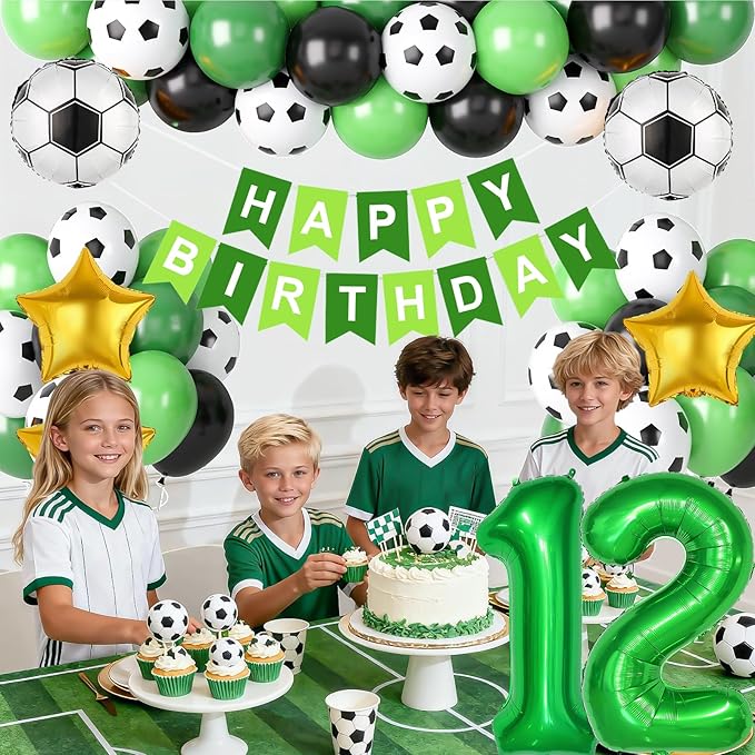 Soccer Birthday Party Decorations for Boys, 12th Soccer Birthday Decoration with Green Black White Balloons 'HAPPY BIRTHDAY' Banner Cake Toppers 32in Foil 12 Balloon for Boys Sports Party Decor