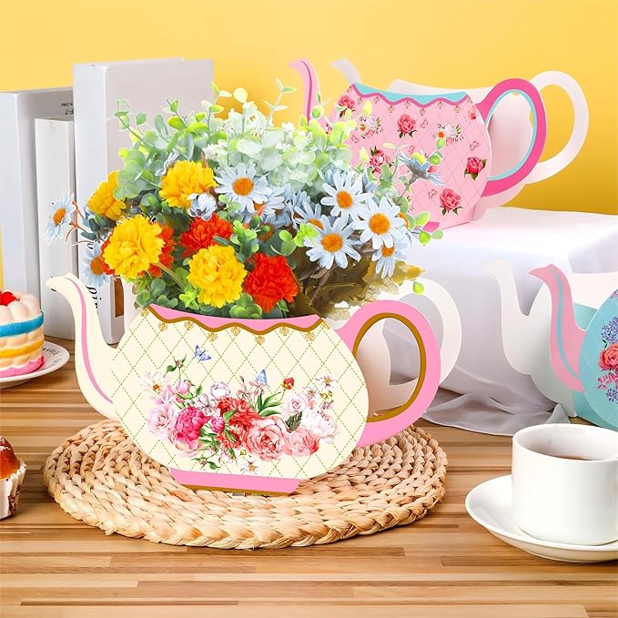 Yinder 6 Pcs Tea Party Decorations Princess Party Flower Boxes Centerpiece Floral Teapot Centerpiece for Floral Tea Themed Birthday Wedding Supplies(Sweet Tea Pot)