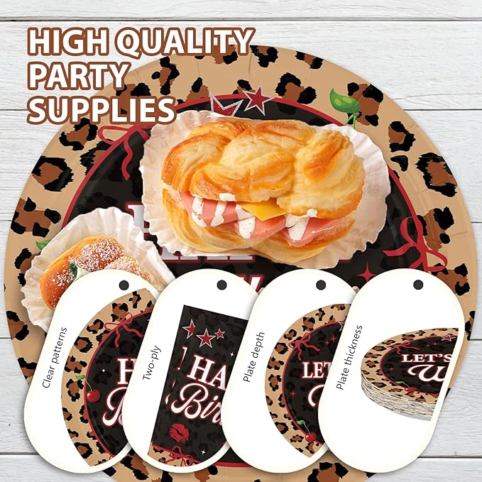 96Pcs Cheetah Print Birthday Decorations Cherry Leopard Plates and Napkins Tableware Sets Red Black Cheetah Platters for Leopard Safari Theme Girls Women Birthday Baby Shower Supplies Serves 24
