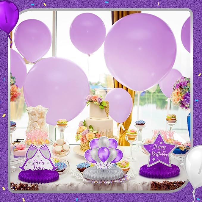 Yexiya 8 Pcs Purple and Silver Birthday Centerpiece Table Decoration, Happy Birthday Honeycomb Centerpieces Honeycomb Table Toppers for Men Women Party Supplies