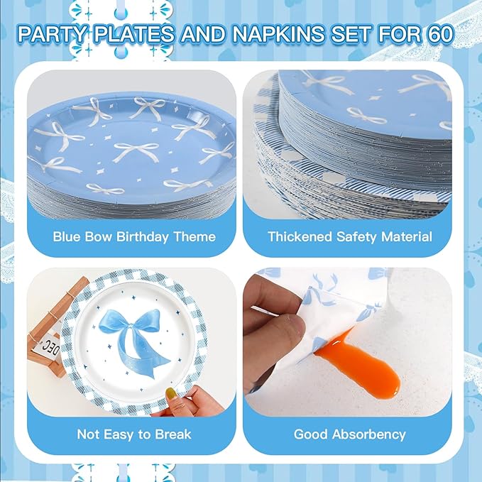 180Pcs Blue Bow Party Supplies Paper Plates and Napkins Serve 60 Disposable Tableware Set for Birthday Party Decorations Game Day Family Holiday Sports Events