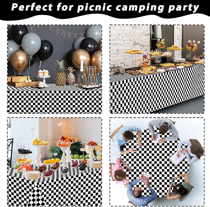 Black and White Checkered Tablecloth Roll 52 in x 100 Ft Black Checkered Party Supplies Race Car Party Tablecloth for Indoor Outdoor Family Banquet Picnic Camping Parties Celebrations (Plastic