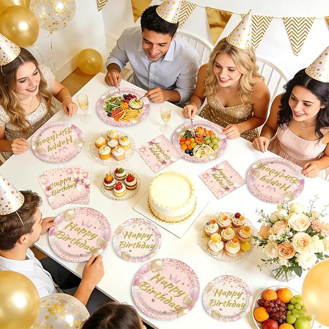 96Pcs Blush Beige Birthday Party Decorations Boho Dusty Pink Plates and Napkins Pink Rose Gold Glitter Happy Birthday Tableware Set for Women Girls Bridal Shower Wedding Party Supplies, Serves 24