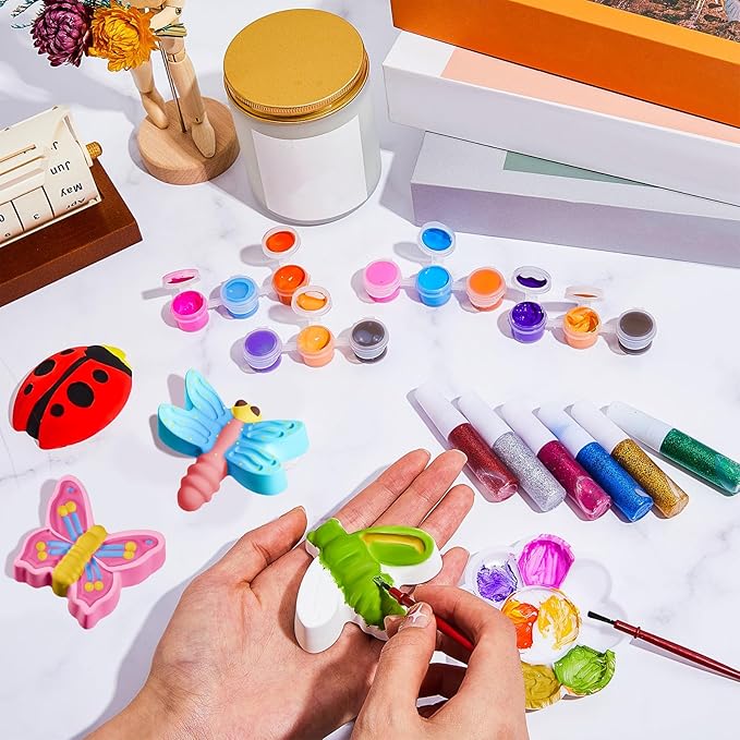 60 Pcs Plaster Painting Fairy Art Party Favors for Kids DIY Statues Craft Butterfly Insect Activities Birthday Supplies with Magnet Brushes Palette Organza Bag Gifts
