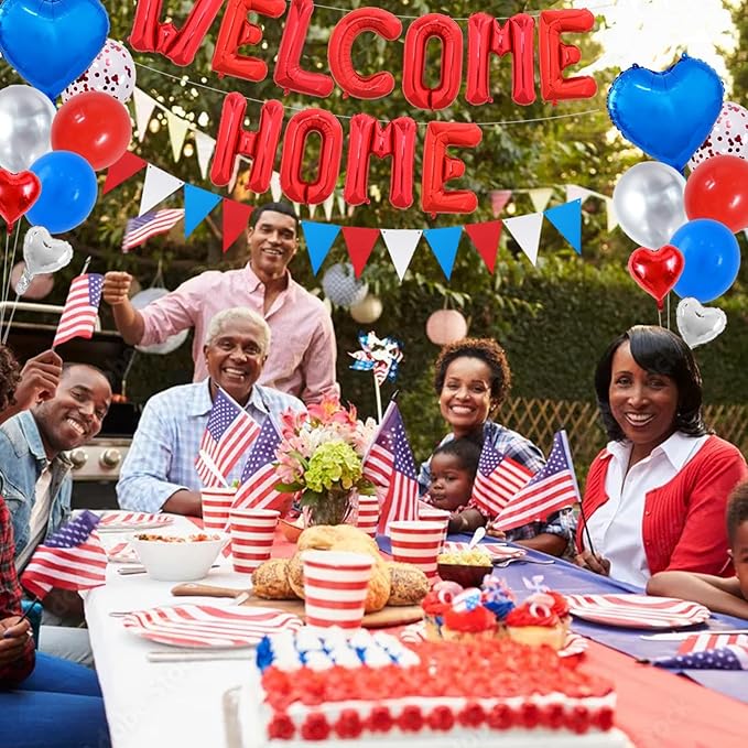 TONIFUL Welcome Home Decorations,16 Inch Red Welcome Home Foil Balloon Banner Red Blue White Confetti Balloons Pennant Flag Bunting for Homecoming Party House Warming Party Family Gathering Supplies