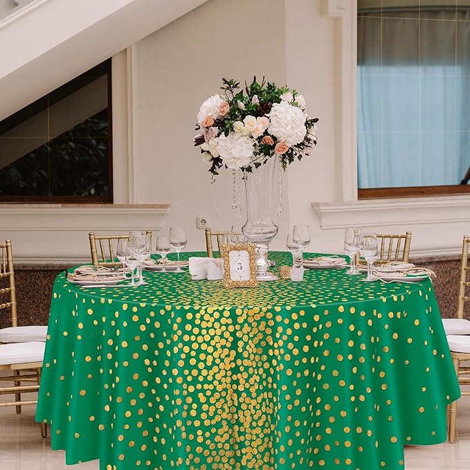 VitalCozy Round Dot Tablecloth 84 Inch Plastic Table Cover Polka Dot Confetti Tablecloths for Easter 2026 Graduation Prom Wedding Birthday Spring Party Supplies(Green and Gold,3 Pcs)