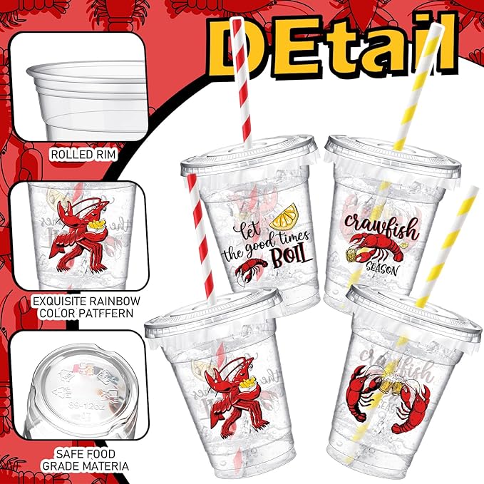 Domensi 50 Sets Plastic Crawfish Boil Cups with Straws 12 oz Disposable Plastic Cups Bulk Crawfish Boil Party Supplies Seafood Party Favors Lobster Feast Birthday Table Decorations