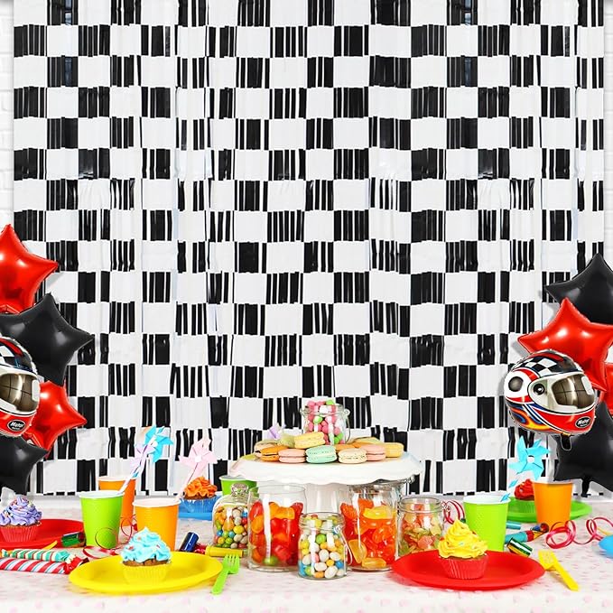 2 Pack Race Car Checkered Streamers Backdrops Birthday Party Decorations Black and White Checkered Foil Fringe Curtains Photo Booth Props for Racing Cars One Happy Dude Party Decorations