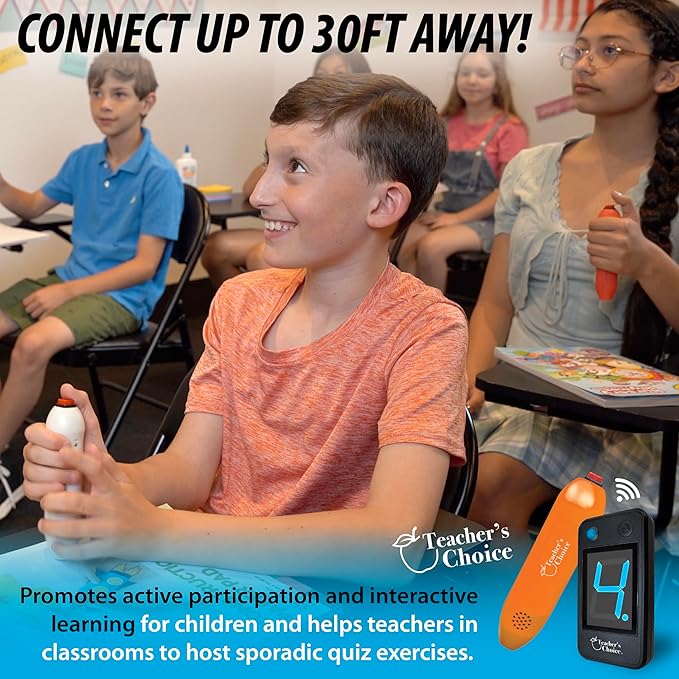 Teacher's Choice 4 Player Wireless Handheld Game Buzzer System - Displays First Buzz-in - Great for Jeopardy, Family Feud, Trivia and Buzzer Games - Console with 4 Joystick Buzzers, 4 Unique Sounds