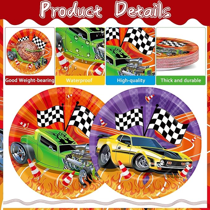 60Pcs Hot Car Birthday Party Supplies Colorful Racing Cars Plates Race Car Tableware Party Decorations for Kids Boys Baby Shower Hot Car Wild Racer Dinnerware Favors for 60 Guest