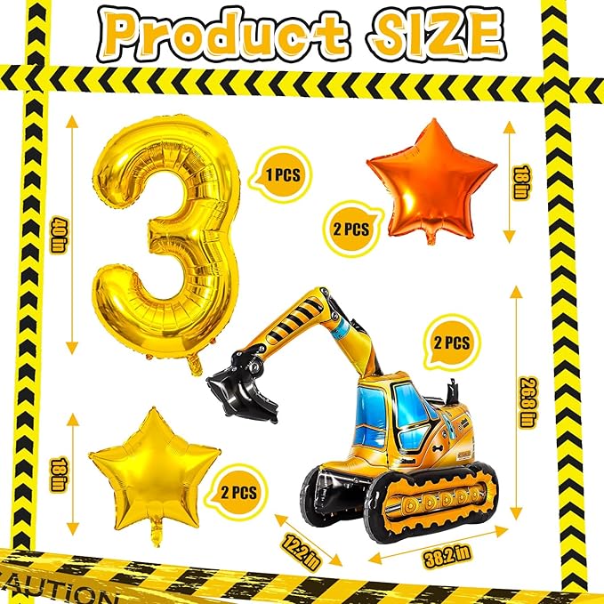 Construction Balloons, Self Standing 4D Excavator Balloon, Golden and Orange Star Balloon, Number 3 Foil Balloons for Kids 3rd Birthday Party Decorations Supplies.(3rd)