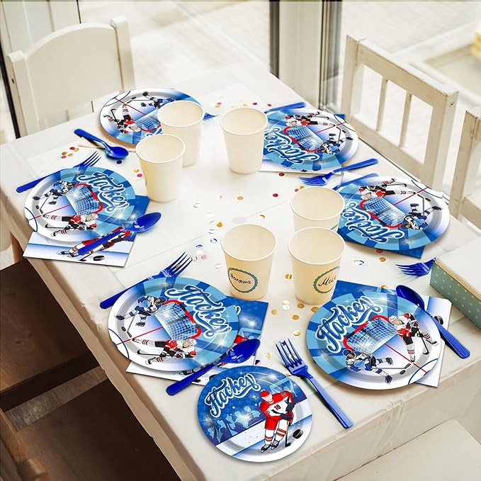 Wiooffen 96pcs Hockey Party Supplies Ice Hockey Birthday Party Plates Napkins Set Disposable Tableware Kit Birthday Party Sport Events Decorations Favors for Kids, Serve 24
