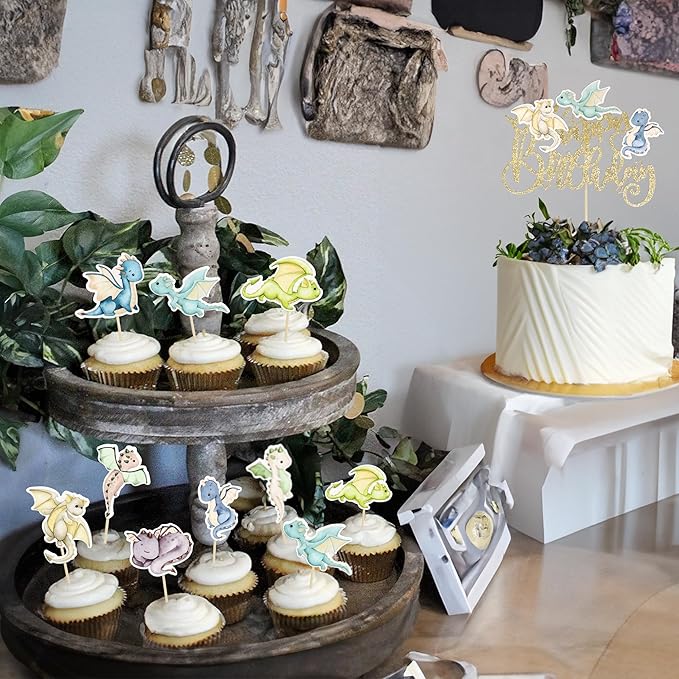 Ephlyn 37Pcs Dragon Party Cupcake Toppers Dragon Birthday Party Cake Topper Decorations Fantasy Dragon Cake Decorations for Flying Dragon Baby Shower Supplies
