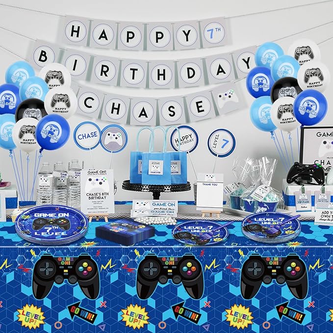 81 Pcs Video Game Party Supplies 7th Birthday Video Game Party Decor Dinner Plates Napkins Video Game Tablecloth Forks Gaming Party Favors for Boy 7th Birthday Party, Serves 20