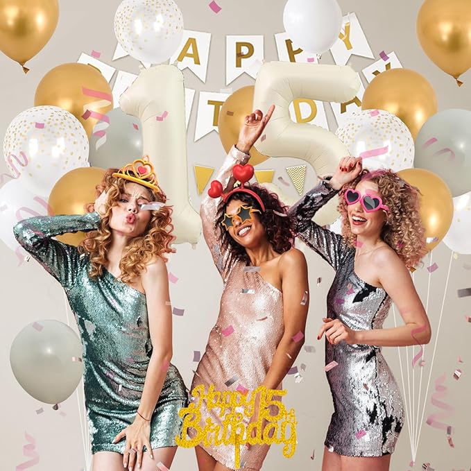 Gold Birthday Party Decorations, Cream White 15th Happy Birthday Decorations With Number 15 Balloons Sand White Latex Balloon Champagne Fringe Curtain Cake Topper Banner For 15th Party Supplies