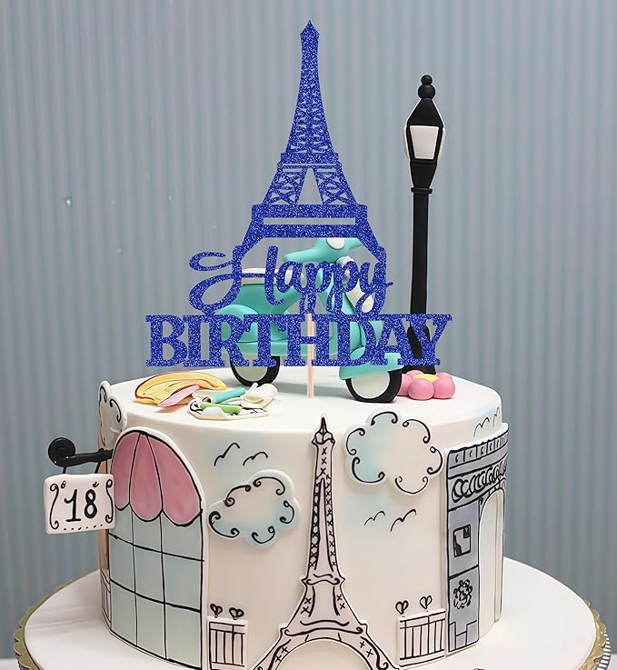 Eiffel Rower Birthday Cake Topper - Royal Blue Glitter Eiffel Rower Theme Birthday Party Cake Decoration Supply - Boy or Girl Architecture Theme Party Cake Decor Photo Prop